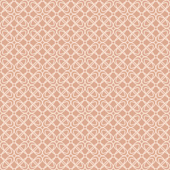 Floral grid ornament. Abstract vector geometric seamless pattern with mesh, lattice, flower silhouettes, curved lines, net, repeat tiles. Simple  background texture in peach color. Vintage geo design