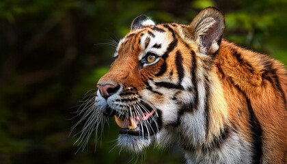 Naklejka premium close up shot of a majestic bengal tiger roaring in the forest