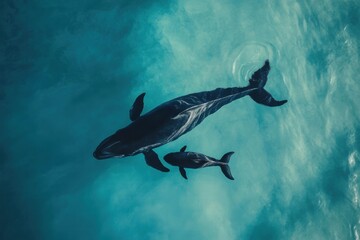 Obraz premium Mother whale swims gracefully with her calf in the clear blue ocean waters showcasing deep marine beauty and connection. Generative AI