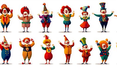 Colorful and Joyful Clowns in Diverse Outfits and Styles Engaging with Audience in a Whimsical Setting, Perfect for Celebratory Events and Childhood Memories - Powered by Adobe