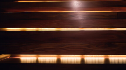 A close-up shot of a modern wooden staircase with polished wood steps and a sleek glass railing, with soft ambient lighting.