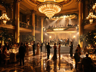 Luxurious wedding reception with guests dancing and dining in a grand ballroom.