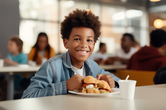 Young boy enjoys a delicious and healthy sandwich during lunchtime in a bustling school cafeteria