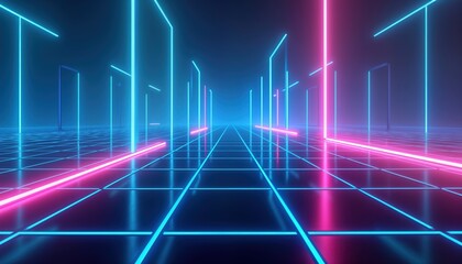 Fototapeta premium Futuristic perspective floor with cyan blue, purple neon glowing light lines creates virtual reality concept. Abstract hi-tech background design for websites presentations. Cyberpunk style grid