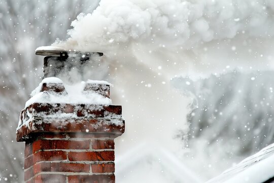 Thick gray smoke billowing from a brick chimney against a cloudy winter sky.