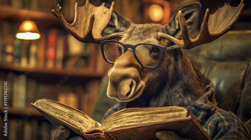 Poster Moose with reading glasses holding a book in a vintage library surrounded by shelves filled with books. Generative AI