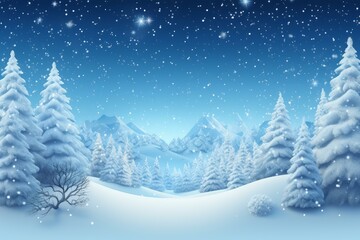 Naklejka premium Snow is gently falling on a serene winter wonderland, creating a picturesque scene with snow covered pine trees and majestic mountains under a starry night sky