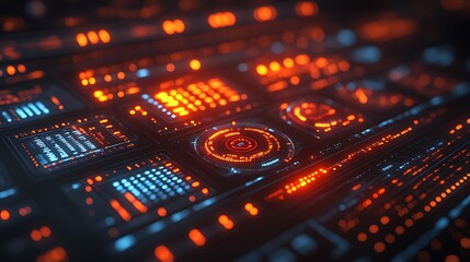 Obraz premium Futuristic control panel glows orange, blue, in dark room, displaying data for tech interfaces