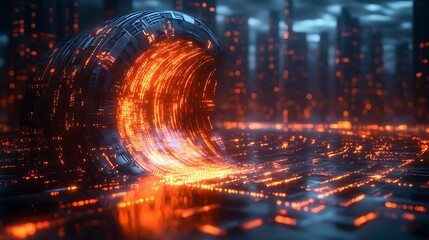 Futuristic portal energy wave city night