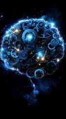 A mechanical brain shaped like a galaxy, each cog and gear forming celestial bodies, with glowing nebulae interspersed in the design