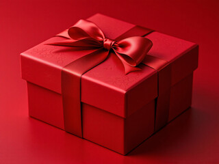Obraz premium Festive, gift, box, red, gold, ribbon, bow, present, holiday, celebration, wrapping, decorative, elegant, special, occasion, surprise, delight, joy, giving, receiving, Christmas, birthday, anniversary