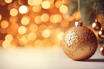 Obraz premium Golden christmas ball hanging on a christmas tree with beautiful bokeh lights in the background, creating a festive atmosphere