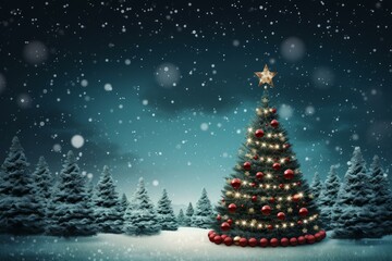 Obraz premium Christmas tree with red baubles and golden star is illuminating snowy forest at night during a snowfall