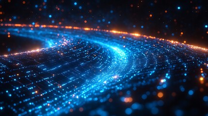 Obraz premium Abstract swirling blue data stream, dark background, digital technology