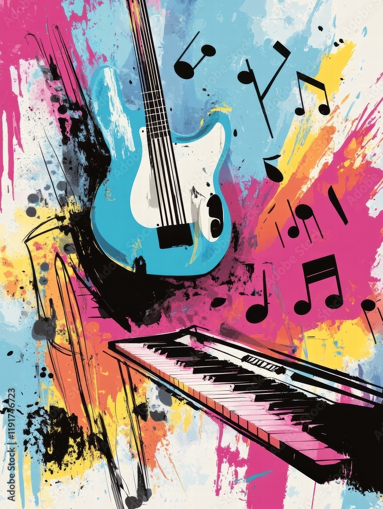 Fototapete musical instruments burst with color and creativity captured in dynamic artwork featuring guitars an