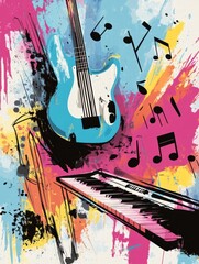 Musical instruments burst with color and creativity captured in dynamic artwork featuring guitars...