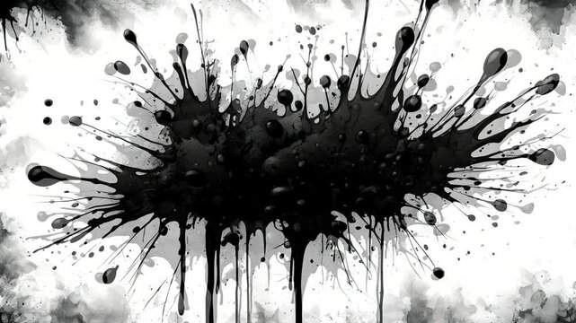 Abstract black ink splatter on a white background, creating a dynamic visual effect.