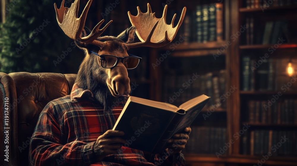 Aufkleber moose wearing reading glasses enjoys a book in a cozy vintage library during a quiet afternoon. gene