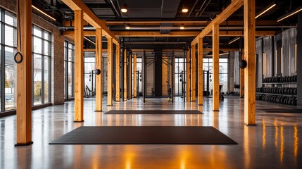 Fototapeta premium Group workout in a spacious, industrial gym, barbells and kettlebells, clean ad design space for class schedule, empowering and modern vibe