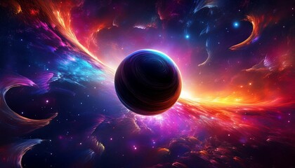 a dark sphere hovers in the cosmic expanse surrounded by a vibrant galaxy filled with stars and swirling colors evoking a sense of mystery and vastness