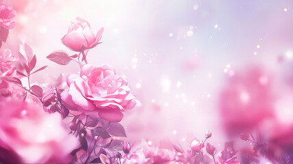 Fototapeta premium Romantic rose garden wallpaper featuring soft, blossoming pink roses, creating a warm and inviting atmosphere, perfect for creating a charming, vintage-inspired interior or spring-themed room. 