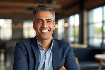 Fototapeta premium Portrait of a smiling businessman with crossed arms in modern office