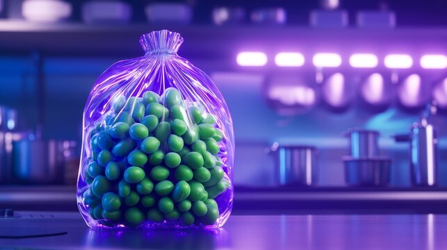 A hyper-detailed 3D render of fresh green beans in a translucent bag, lit with radiant purple and white neon hues, floating in a futuristic zero-gravity kitchen, ethereal and high-tech