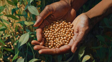 A pair of hands presenting fresh soybeans spilling from a burlap sack, surrounded by vibrant foliage in the background, hyperrealistic, earthy tones, sharp detail