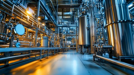 Obraz premium A panoramic view of a high-tech plant where green beans and fresh leaves move systematically under bright, clean lighting, evoking precision and cleanliness