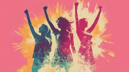 Naklejka premium Three Women Celebrating Feminism, Joyful Victory Pose, Pink Abstract Background