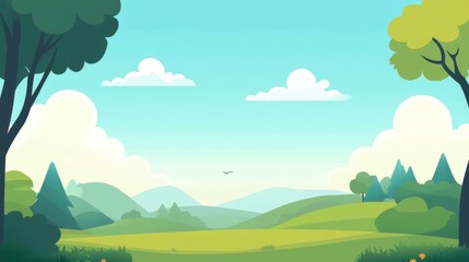 Obraz premium Smiling Cartoon Landscape: Sunny Hills, Green Valley, Happy Trees