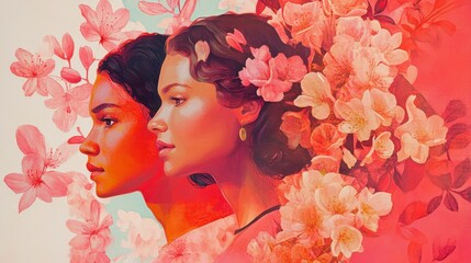 Fototapeta premium Two Women Profile Portraits, Pink Blossoms, Calm Mood