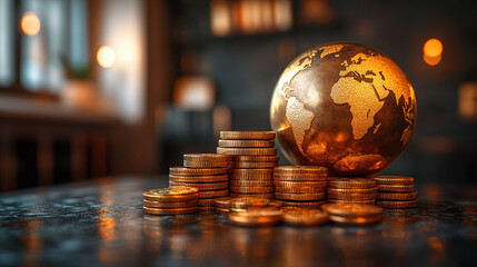 Modern shiny globe representing the world on sale, golden Earth globe next to modern gold coins, symbolizing success in business, wealth in economy, growth of international finance, and money's influe