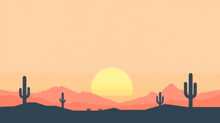 Sunset Desert Landscape with Cacti - Minimalist Artwork
