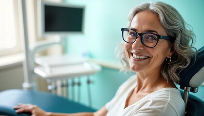 Cheerful senior woman sits in dental chair. She wears glasses and smiles happily. Dental clinic setting. Woman looks relaxed and healthy. Pro dental care. Preventive dental checkup.