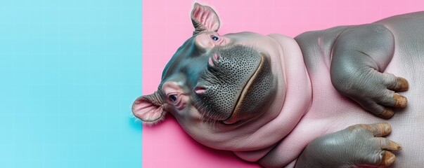 A cute, relaxed hippopotamus lying on a colorful background, showcasing its unique features and playful demeanor.