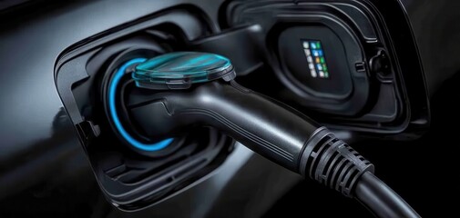 Close-up of electric vehicle charging plug in socket, showcasing innovative green energy for modern transportation. sustainable living , technology. zero gas no transmission , mobility environment
