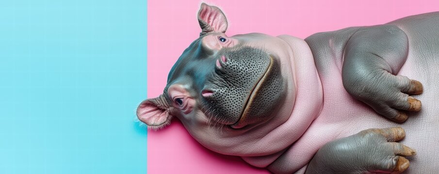 A cute, relaxed hippopotamus lying on a colorful background, showcasing its unique features and playful demeanor.