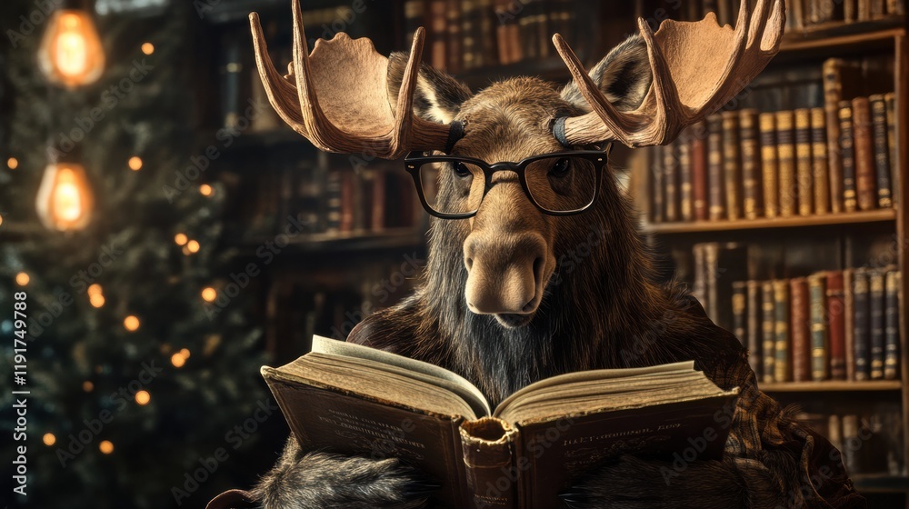 Poster moose with reading glasses enjoys a book in a vintage library filled with books and warm lighting. g