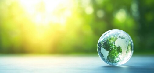 A glass globe showcasing a green planet, symbolizing sustainability and the beauty of nature under...