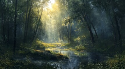 Obraz premium Sunlit Forest Stream, Magical Woodland Scene