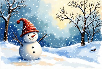 Obraz premium Digital Painting of Snowman in Winter Landscape