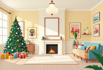 Digitally Rendered Living Room with Christmas Tree and Fireplace