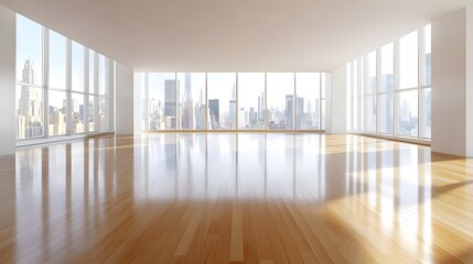 Fototapeta premium Luxurious studio, bright space with city views, minimalistic furnishings, ample area for real estate ad text, sleek and upscale appeal