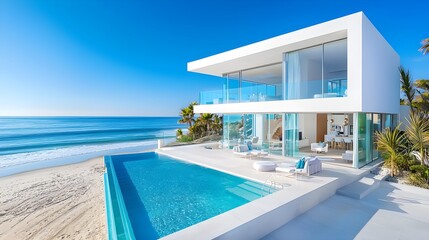 Fototapeta premium Luxury beachfront home, expansive ocean views through large glass windows, spacious area for ad text, sleek and sophisticated layout