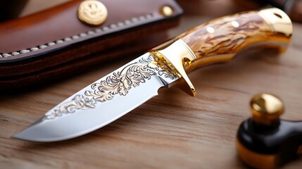 Close-up of an ornate fixed blade knife with a wood and gold handle, resting on a wooden surface next to its leather sheath.