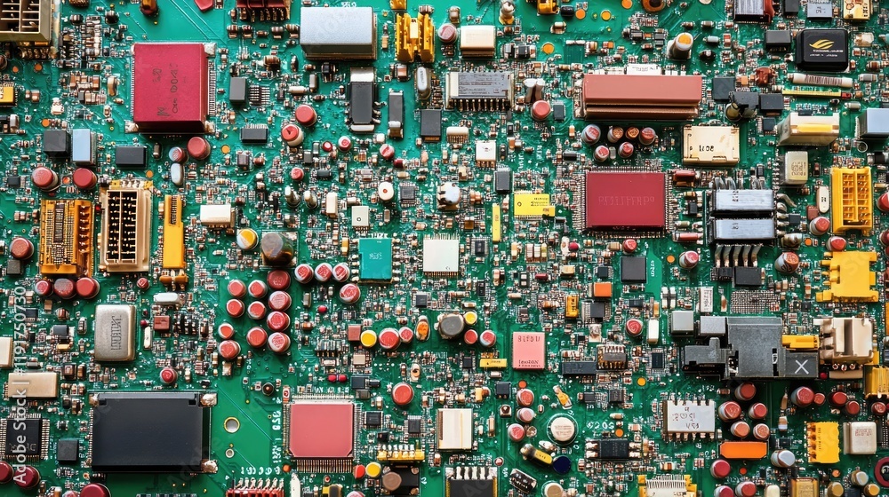 Poster a close-up of a computer motherboard with intricate circuits and components.