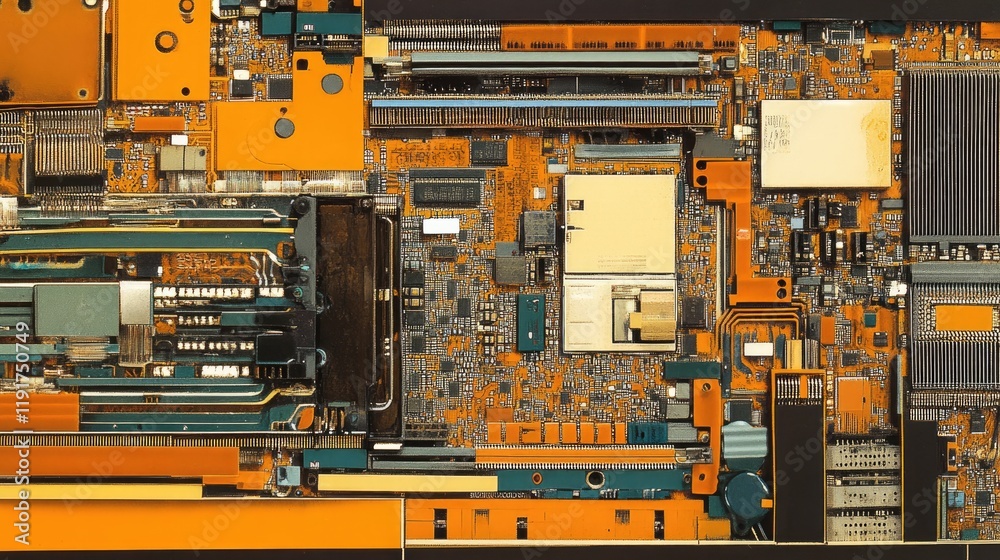 Poster a close-up of a computer motherboard with intricate circuits and components.