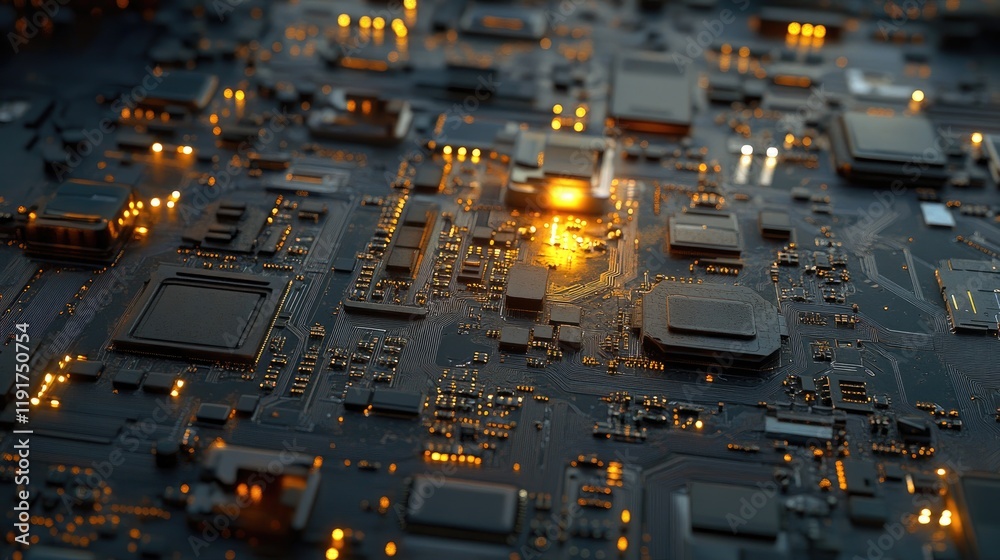 Poster a close-up of a computer motherboard with intricate circuits and components.