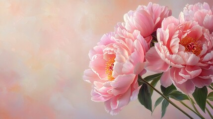 Obraz premium An enchanting greeting card with giant pink peonies artfully arranged to mimic a floral explosion on a sleek, marble-textured background